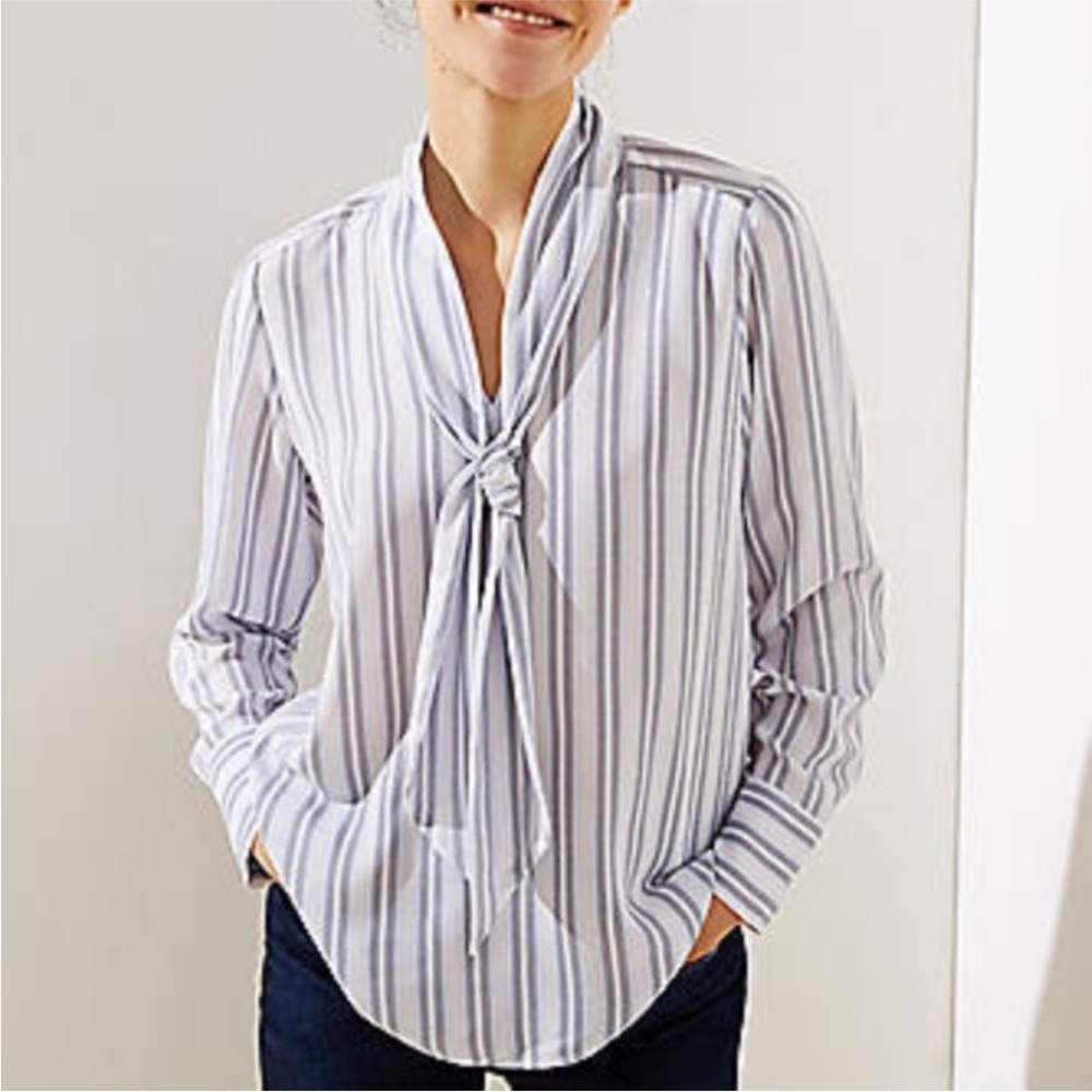 LOFT Blue, Charcoal and White Striped Tie-Neck Bow Blouse